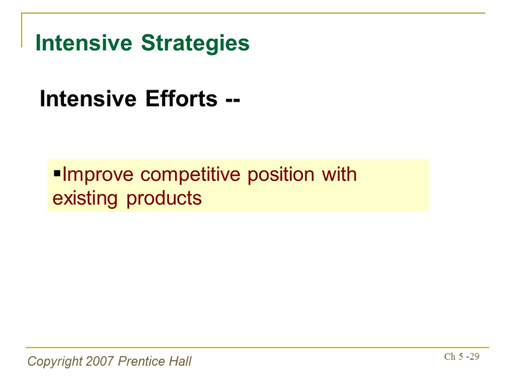 Copyright 2007 Prentice Hall Ch 5 -29 Intensive Strategies Intensive Efforts -- Improve competitive